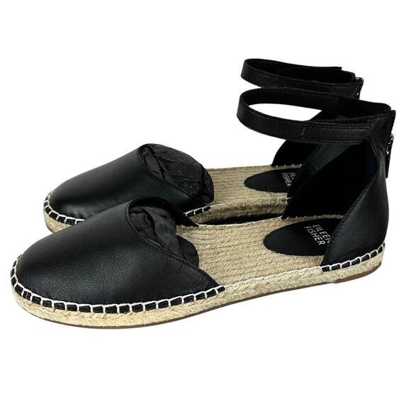 Eileen Fisher Lala Tumbled Leather Espadrille Flat Black Women's Size 8.5 NEW - Picture 1 of 6